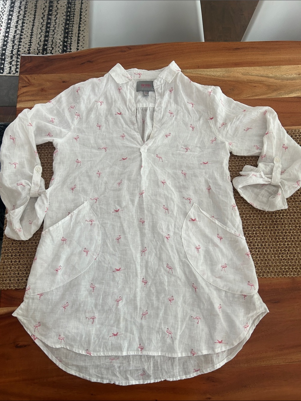 ForCynthia Beachwear 💯 linen flamingo print coverup size small